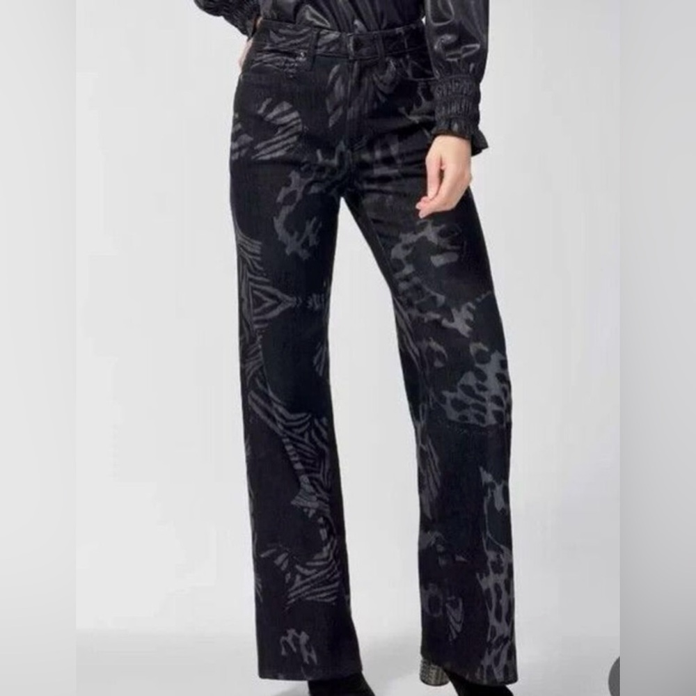 🌷CHICO’S HIGH RISE DENIM Black & Gray Animal Print Wide Leg Sz 2.5R (14R/L) NWT